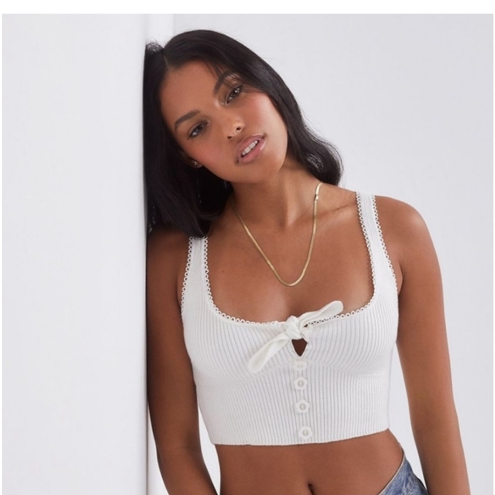 White Ribbed Tie-Front Crop Top